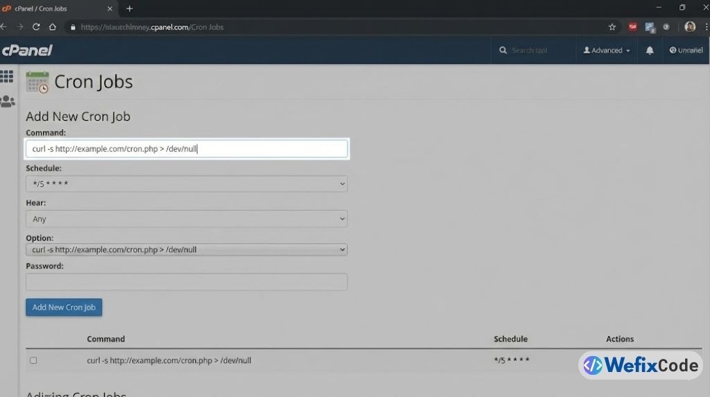 setting the cron job in cpanel wefixcode