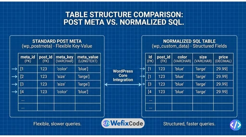 How to Create Custom Database Tables in WordPress (The Senior Developer Way) vertical storage vs custom sql tables wefixcode